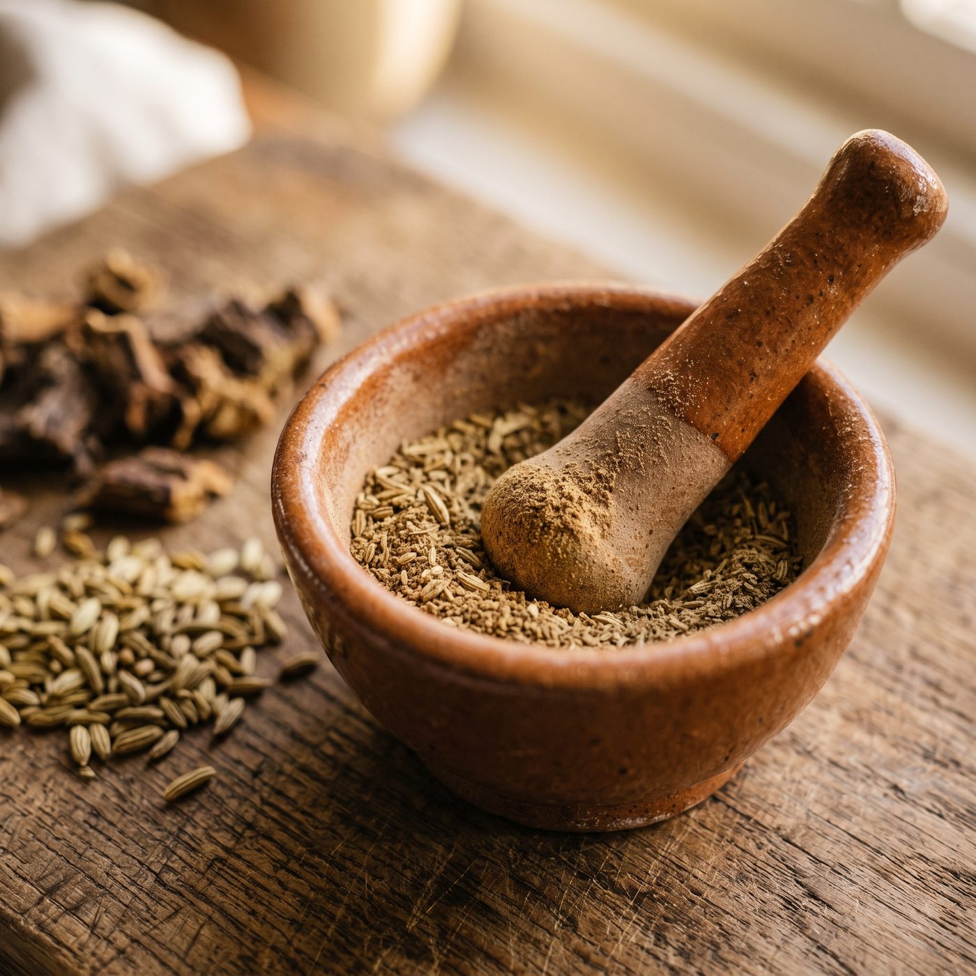 Dried bitter herbs, gentian root and fennel seeds on a wooden board with a small mortar and pestle