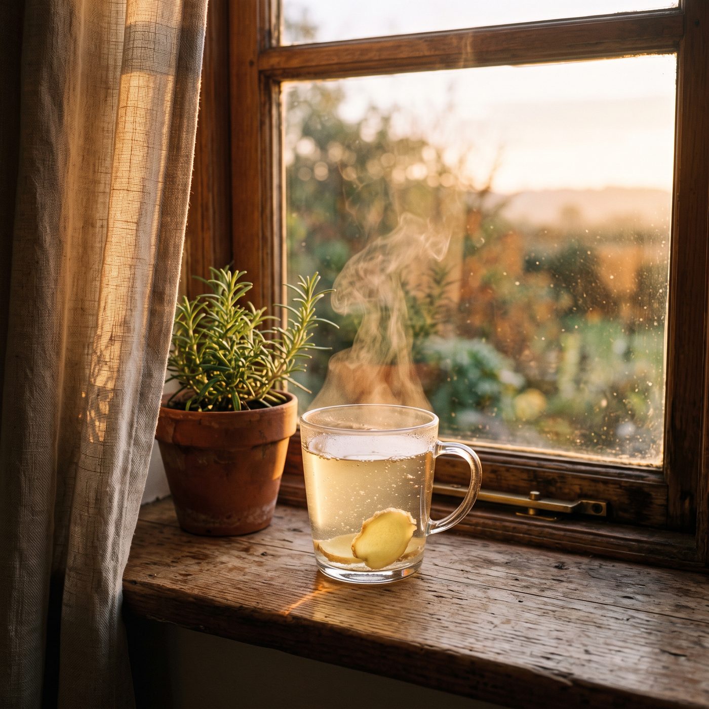 A glass of warm water with fresh ginger slices on a sunlit windowsill in the morning
